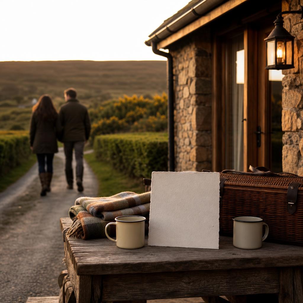Itinerary card on lodge terrace with couple walking