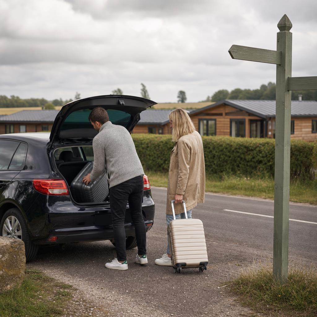 Car being packed next to Lazy Otter Meadows sign