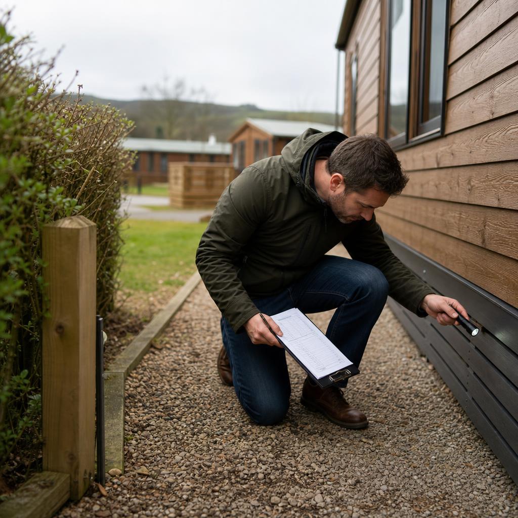 Buyer with clipboard inspecting lodge boundary markers