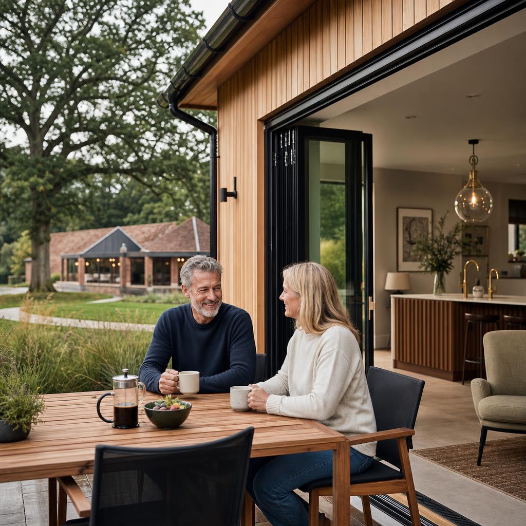 Couple on private lodge patio in park