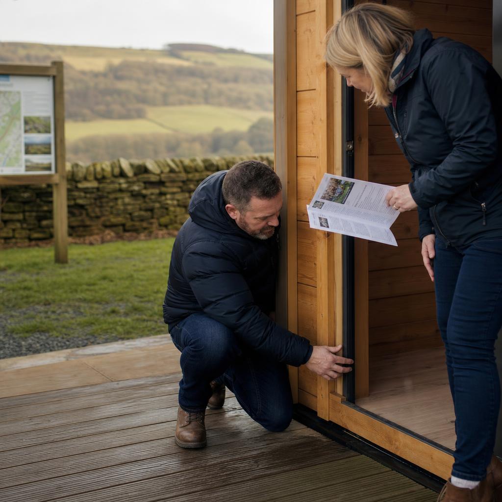 Couple inspecting timber lodge and park noticeboard