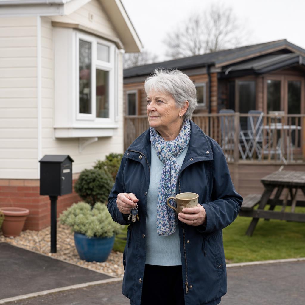 Older woman by residential park home, holiday lodge nearby