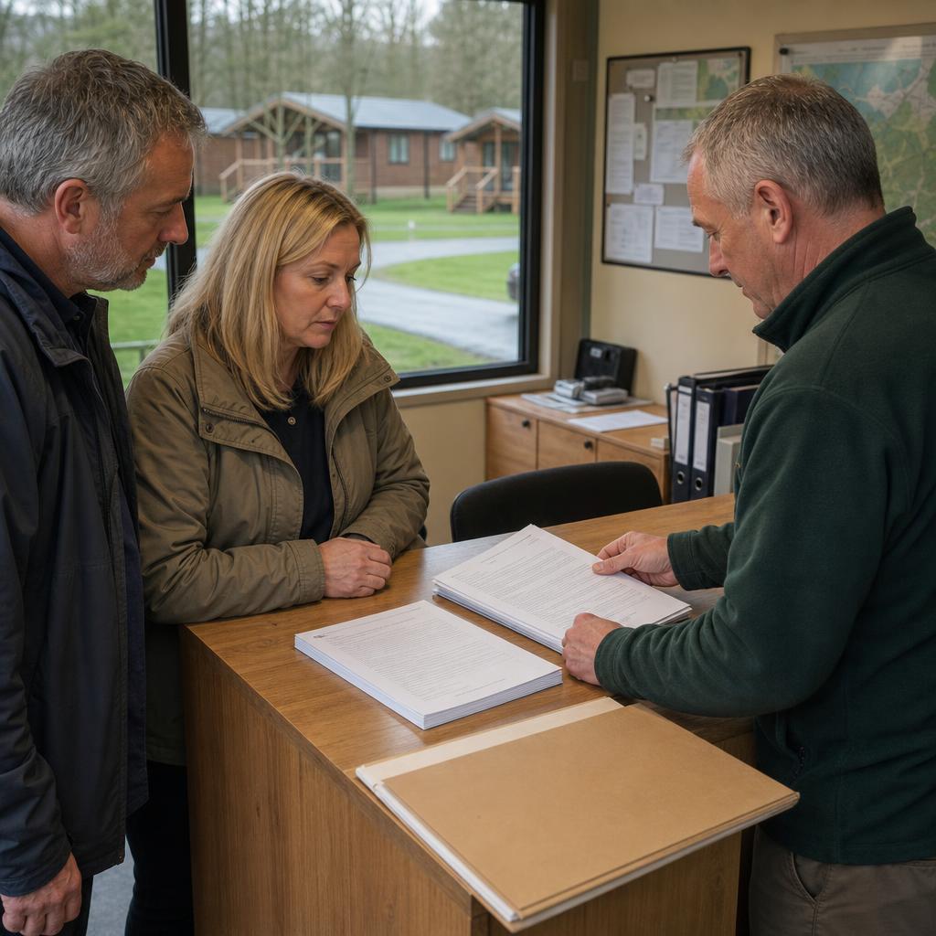 Park manager and couple reviewing site licence document