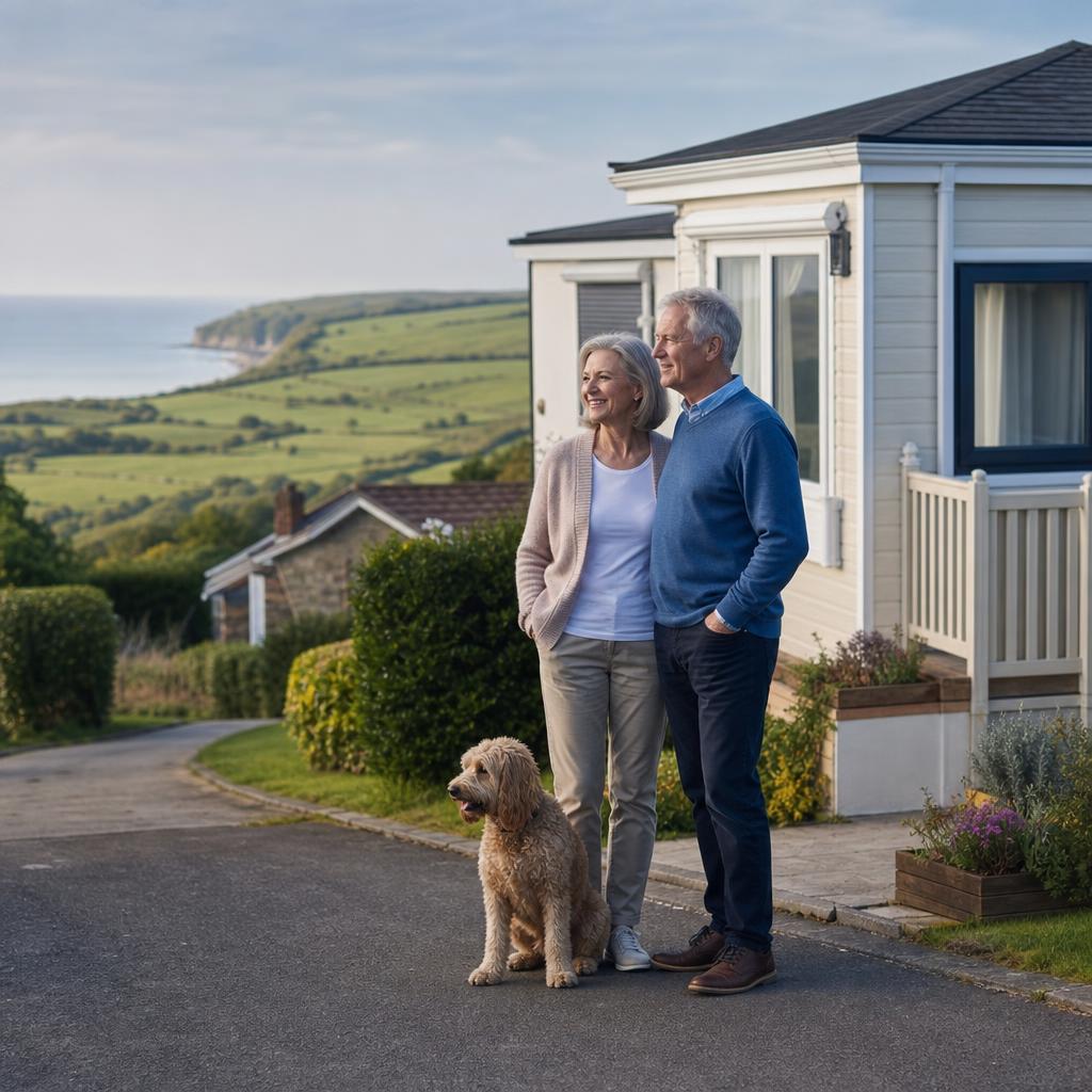 Couple overlooking park homes and Kent countryside scenery