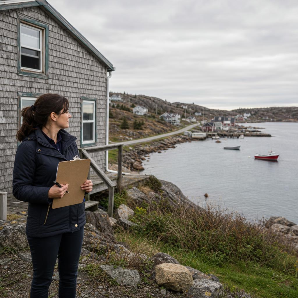 Agent outside coastal lodge by rocky shoreline
