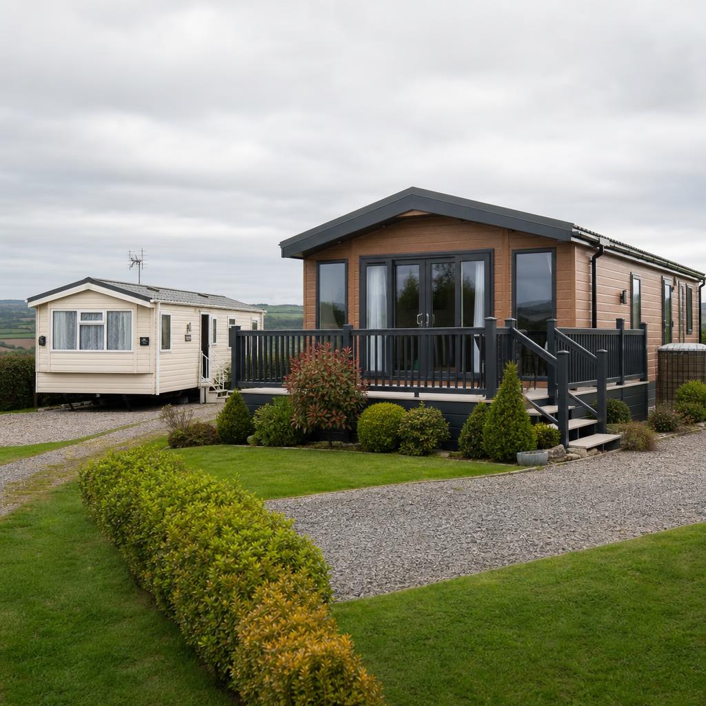 Lodge park home beside smaller static caravan outdoors