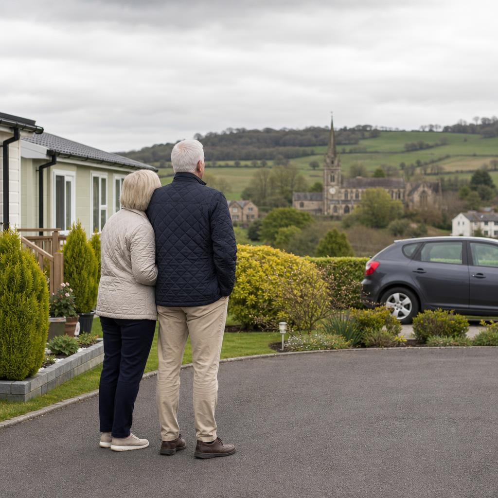Couple viewing park homes beside Derbyshire countryside fields