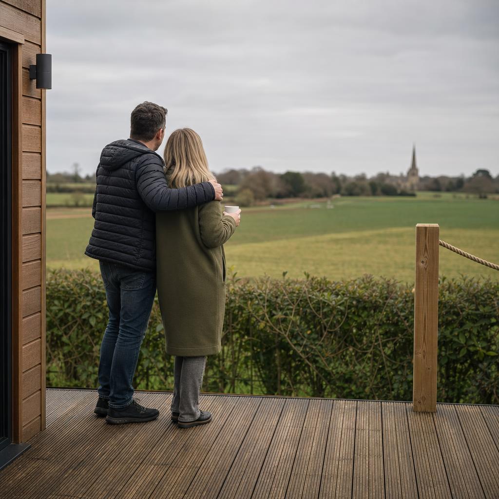 Couple on lodge terrace overlooking Cambridgeshire fields
