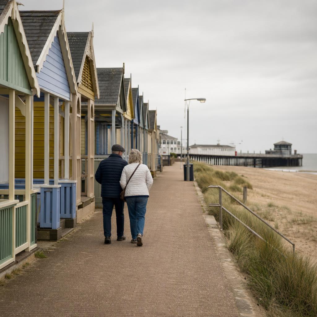 Couple walking past holiday chalets on Lincolnshire coast