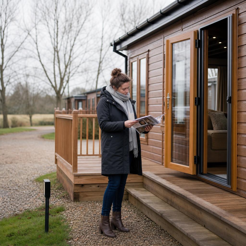 Buyer comparing a timber holiday lodge and brochure