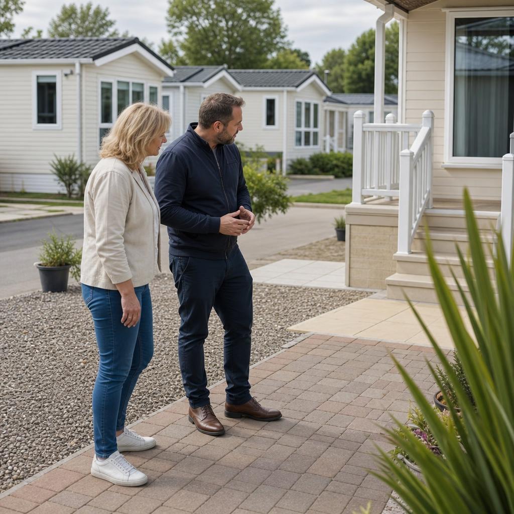 Buyer and manager inspecting a park home entrance