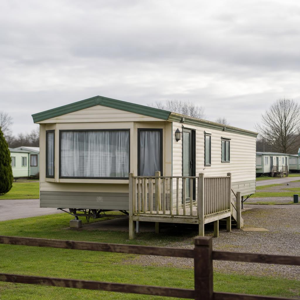 Empty holiday lodge with holiday-use-only sign