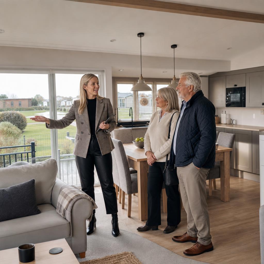 Couple viewing an open-plan holiday lodge interior in Kent