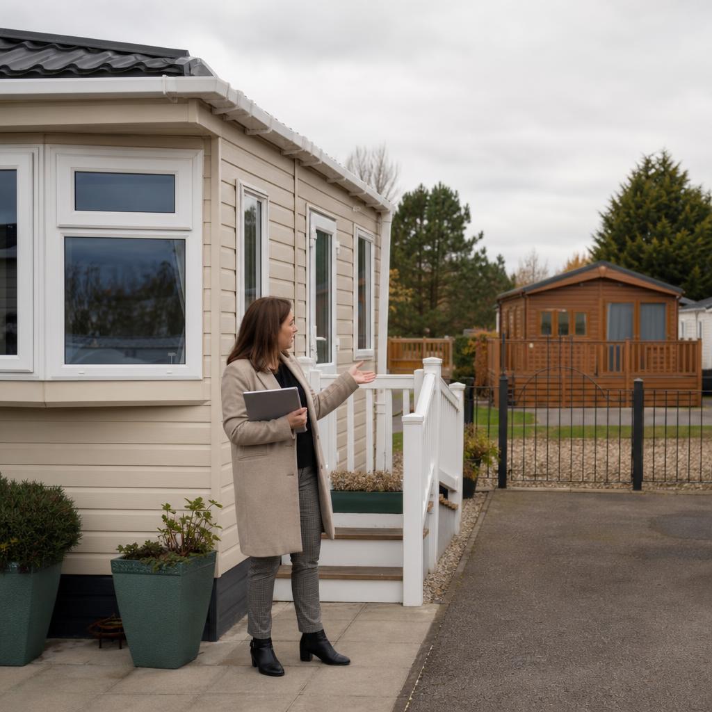 Park home beside seasonal-use holiday lodge area