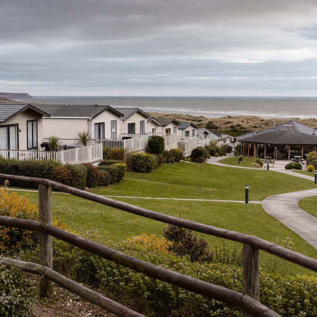 Holiday lodges beside a coastal resort park