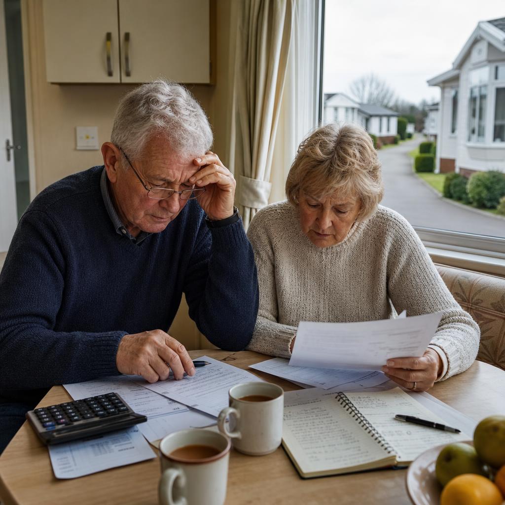 Couple reviewing bills inside a park home kitchen