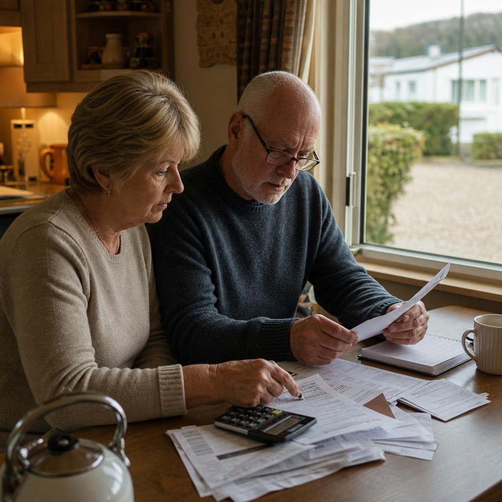 Couple reviewing bills inside a park home kitchen