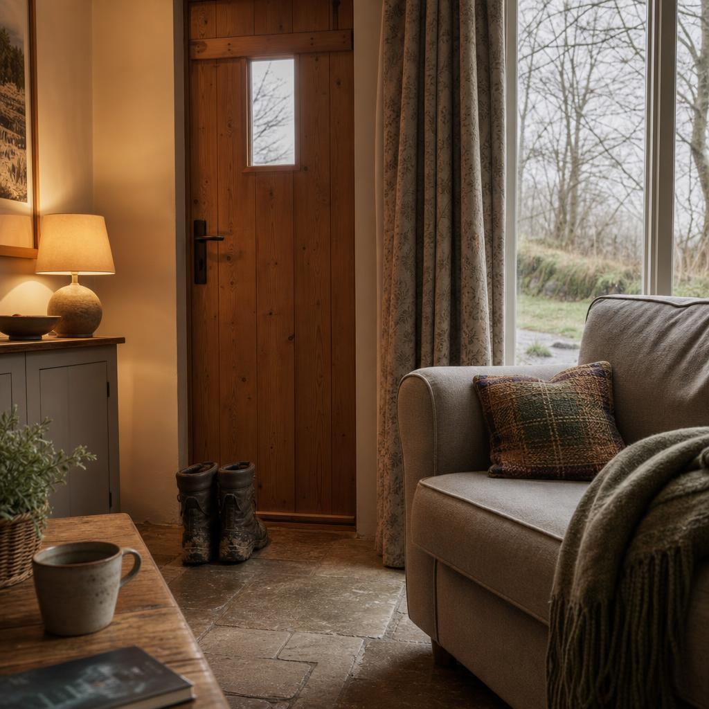 Cozy lodge interior with boots by the door