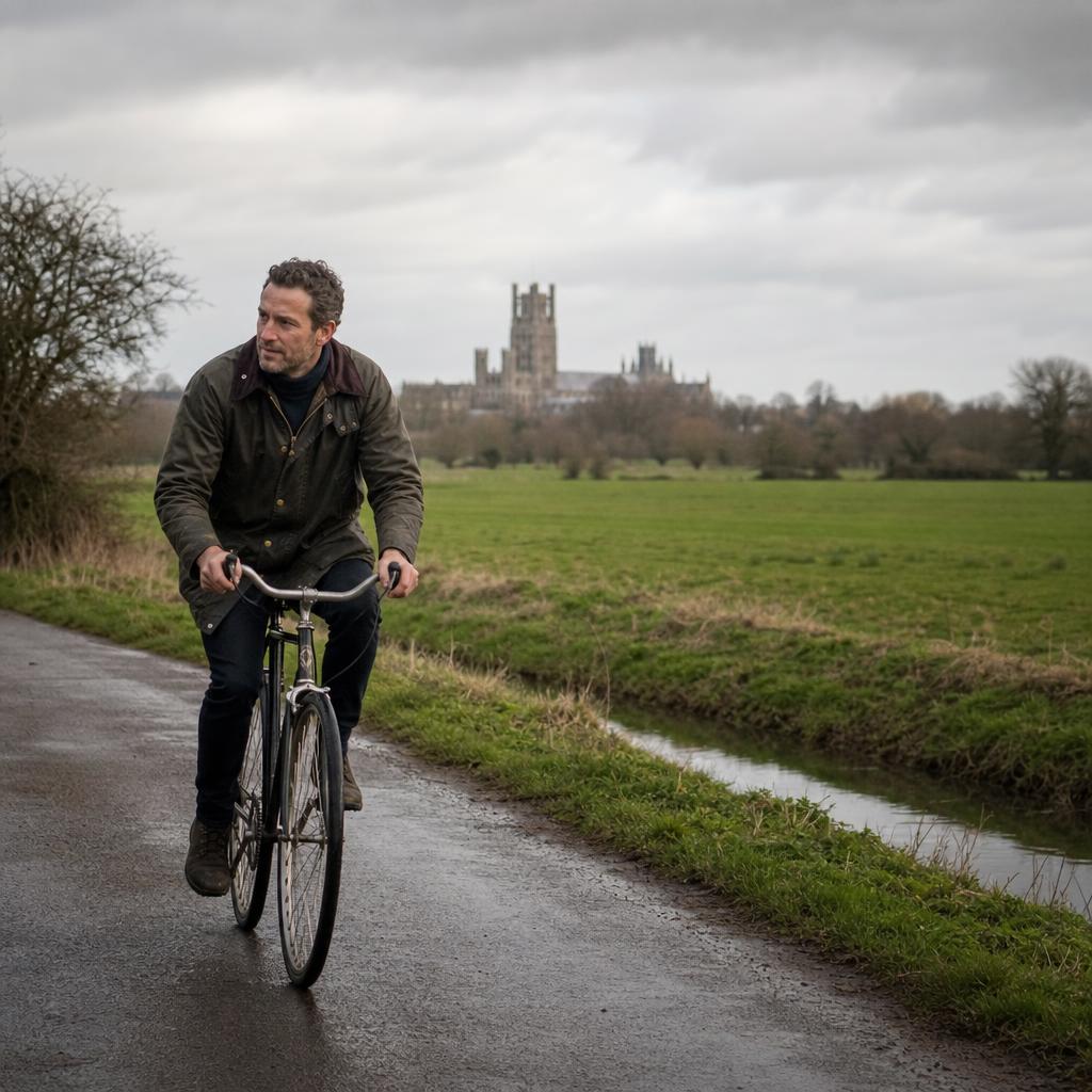 Cyclist on Cambridgeshire lane near Ely cathedral