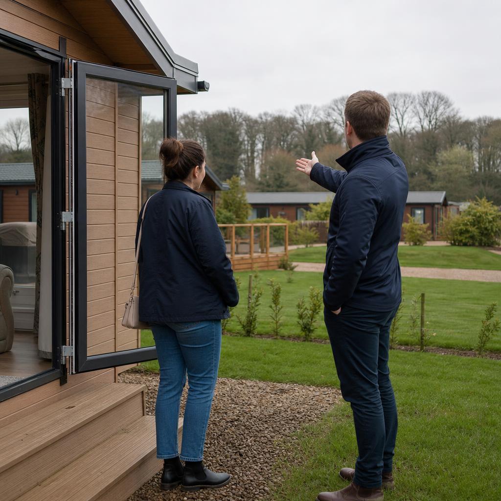 Person viewing a holiday lodge on a Lincolnshire park