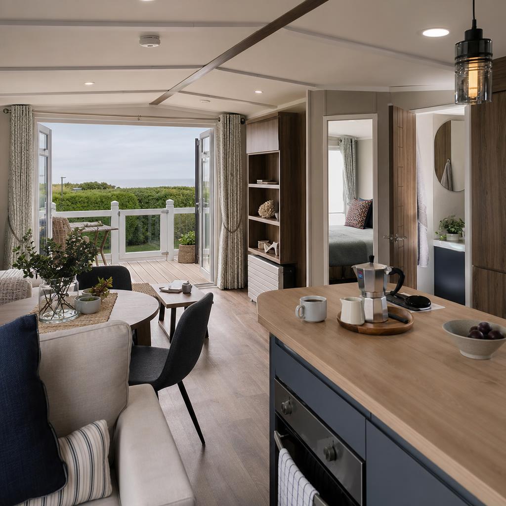 Modern park home interior with deck and kitchen