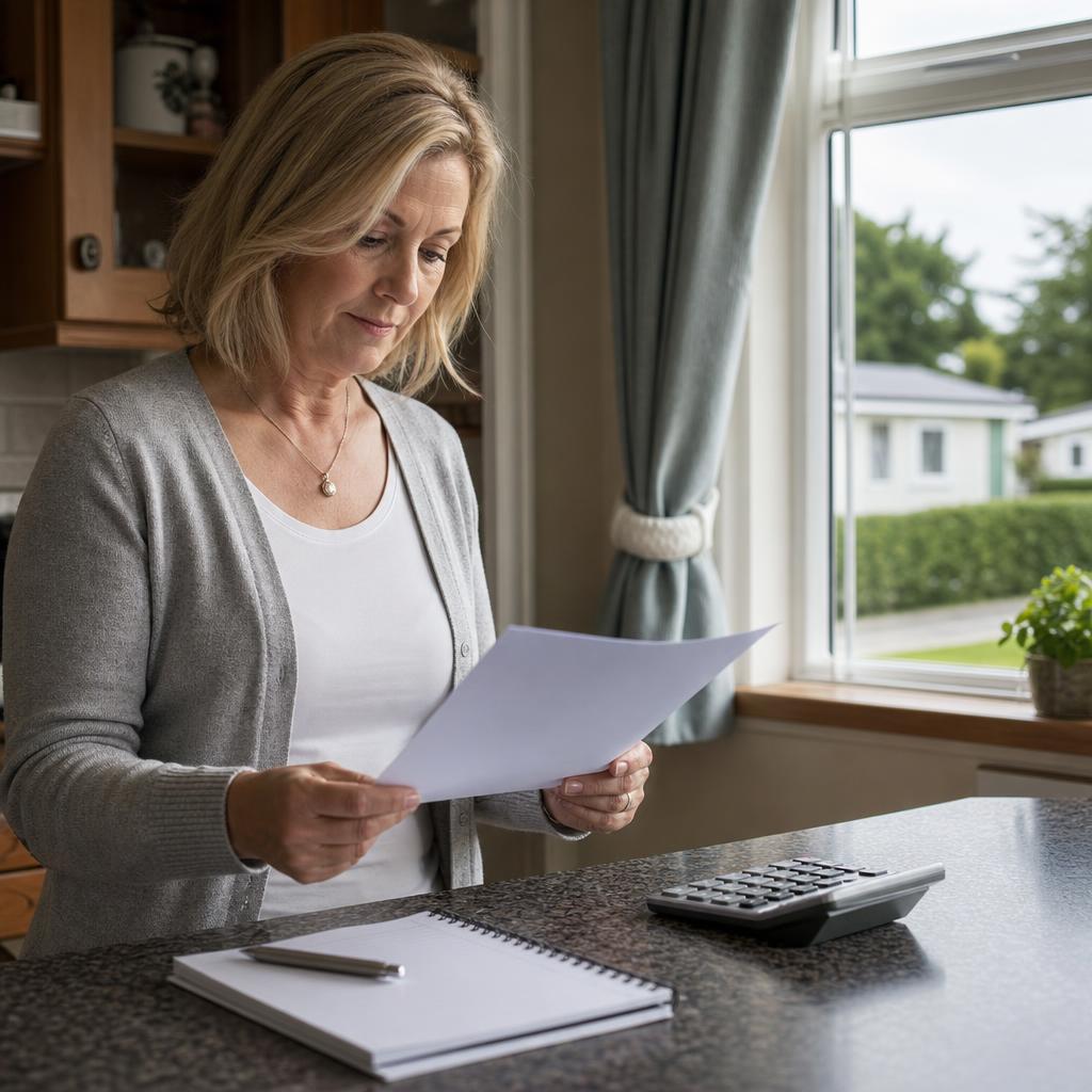 Person reading site agreement inside park home kitchen