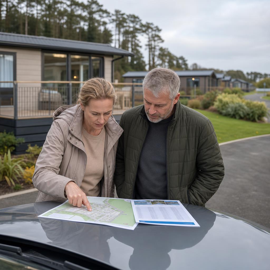 Buyers reviewing lodge prices and a site plan