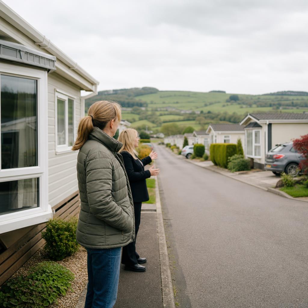 Person viewing a park home on a residential park