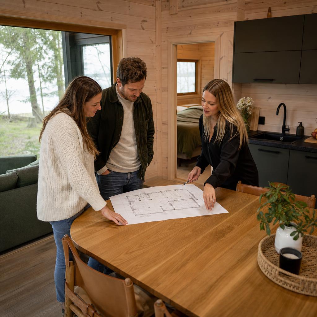 Couple reviewing floor plan inside timber lodge