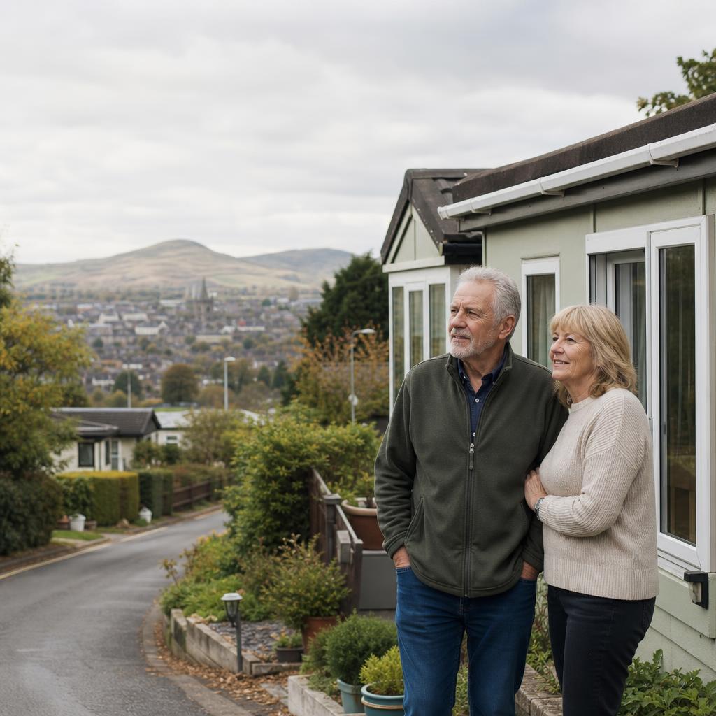 Couple outside park home with Derbyshire hills beyond