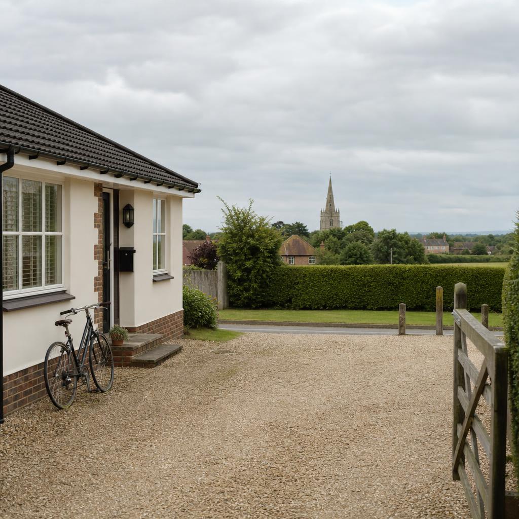 Park home beside Cambridgeshire farmland and hedgerows