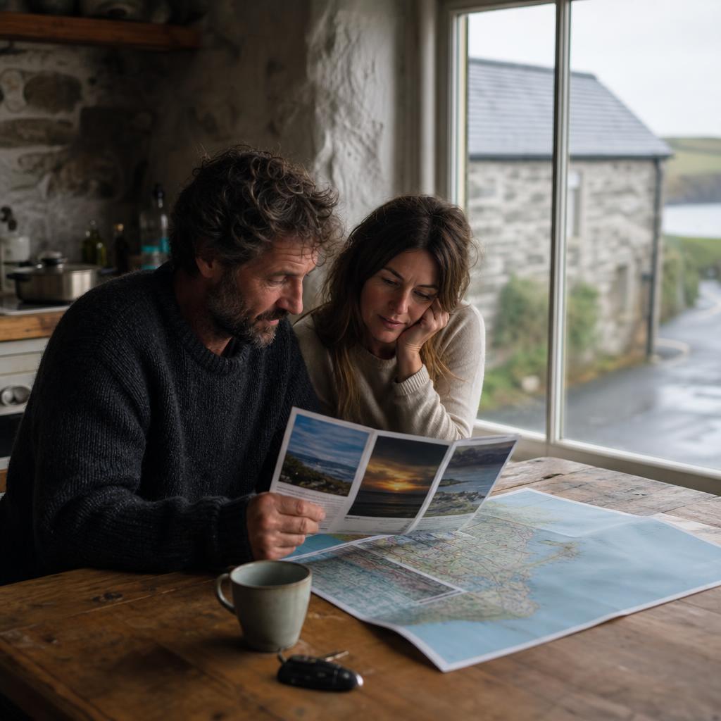 Couple reviewing brochure in Cornish holiday cottage