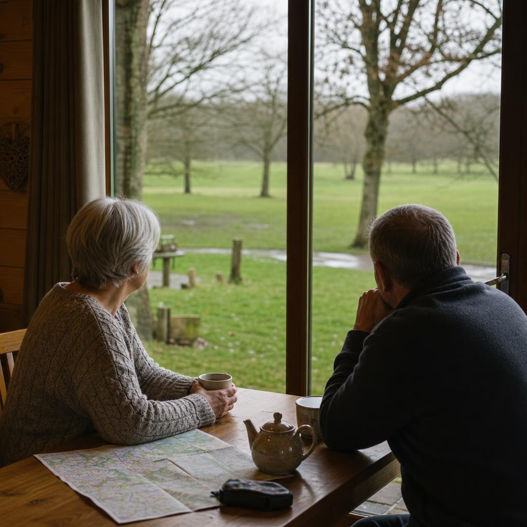 Retired couple in a timber lodge kitchen looking outside.