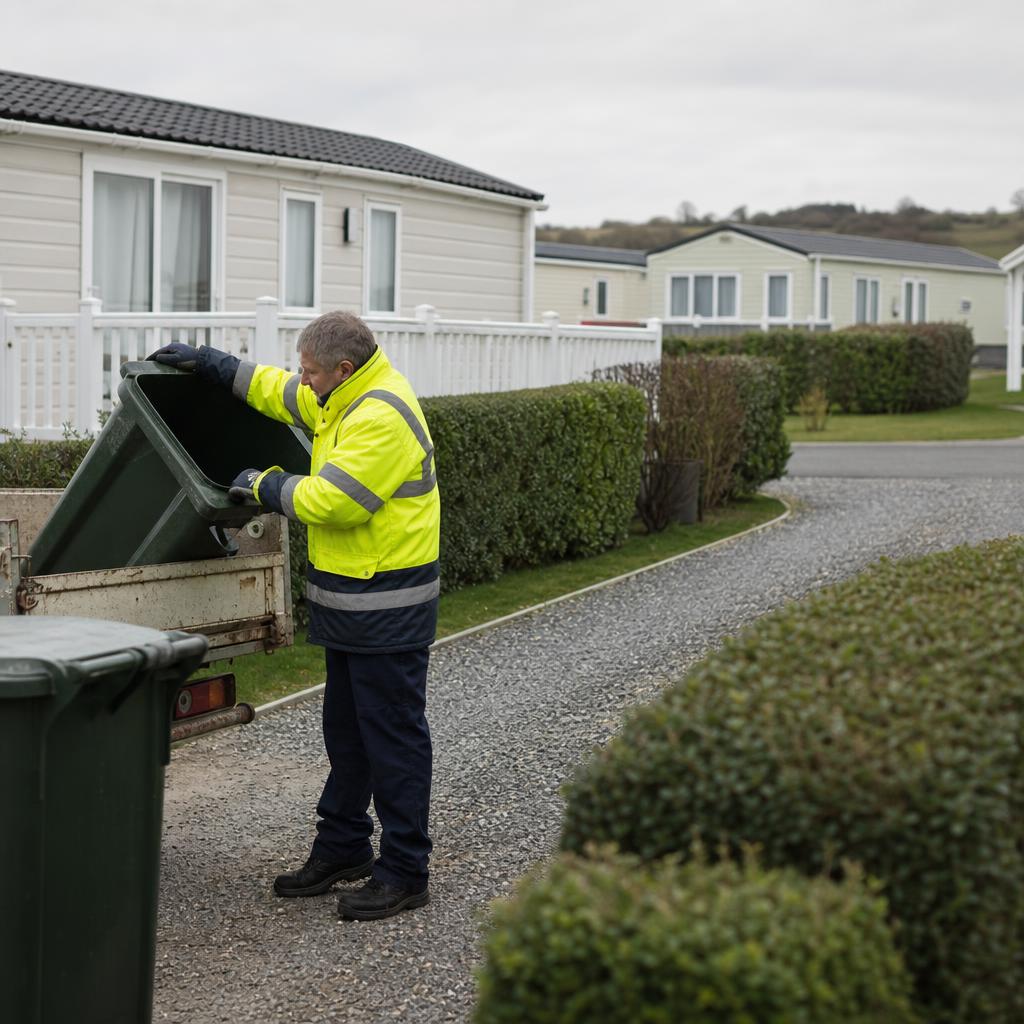 Park worker maintaining residential pitch and shared bins