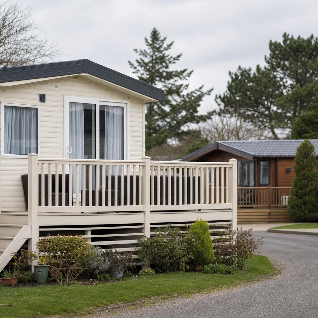 Residential lodge on a park with a deck