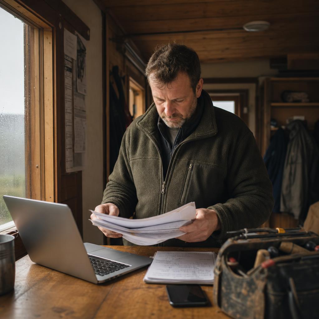 Lodge manager sorting invoices and maintenance costs