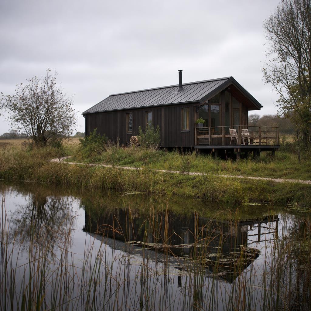 Timber lodge beside a pond in Cambridgeshire meadow