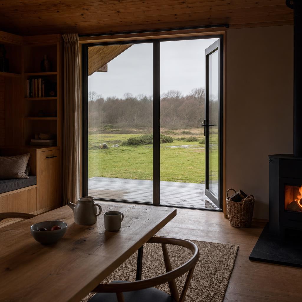 Modern luxury lodge interior with deck access