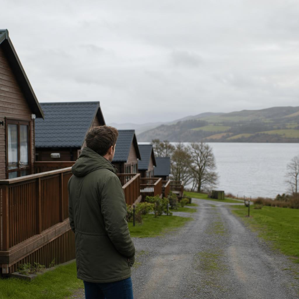 Buyer overlooking lakeside lodge park and cabins
