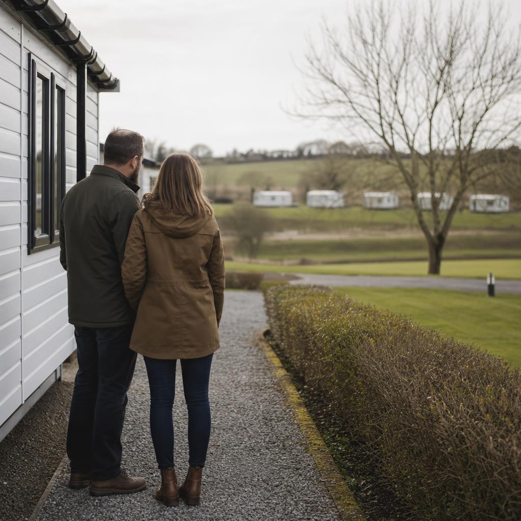 Couple viewing a lodge in a countryside park
