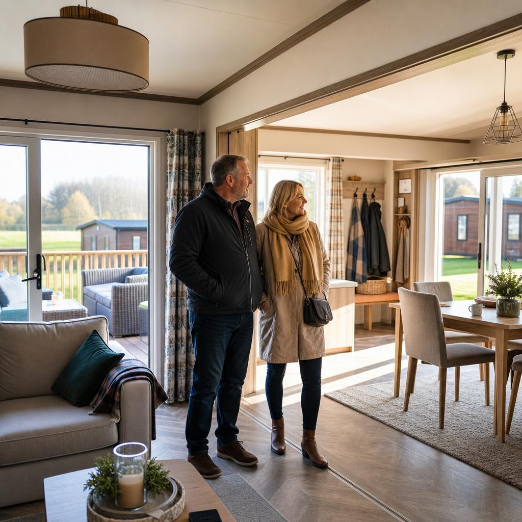 Two luxury lodge interiors in a park showroom near York.