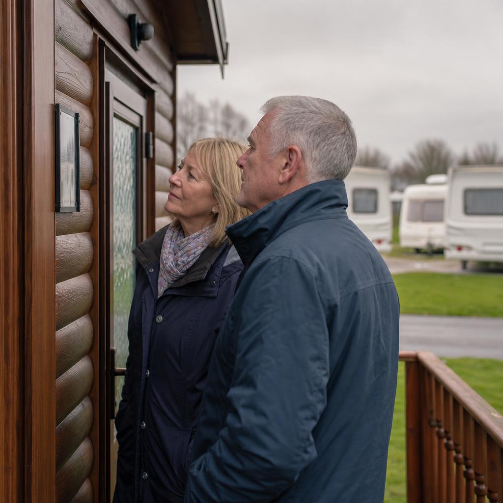 Couple reading notice outside a holiday lodge