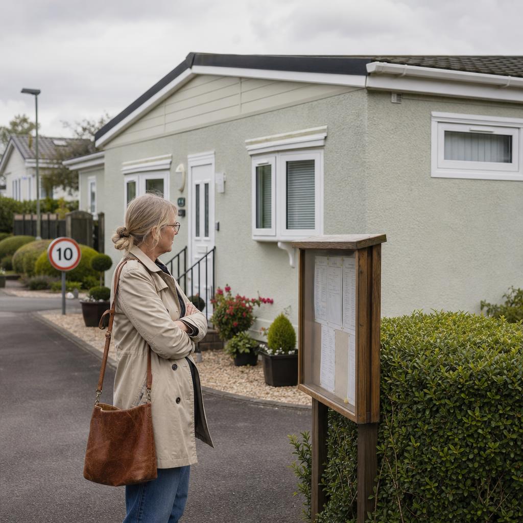 Man reading park rules beside a residential park home