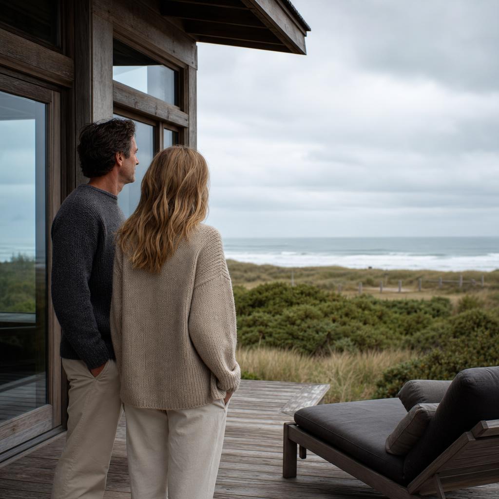 Couple on lodge deck overlooking a coastal shoreline
