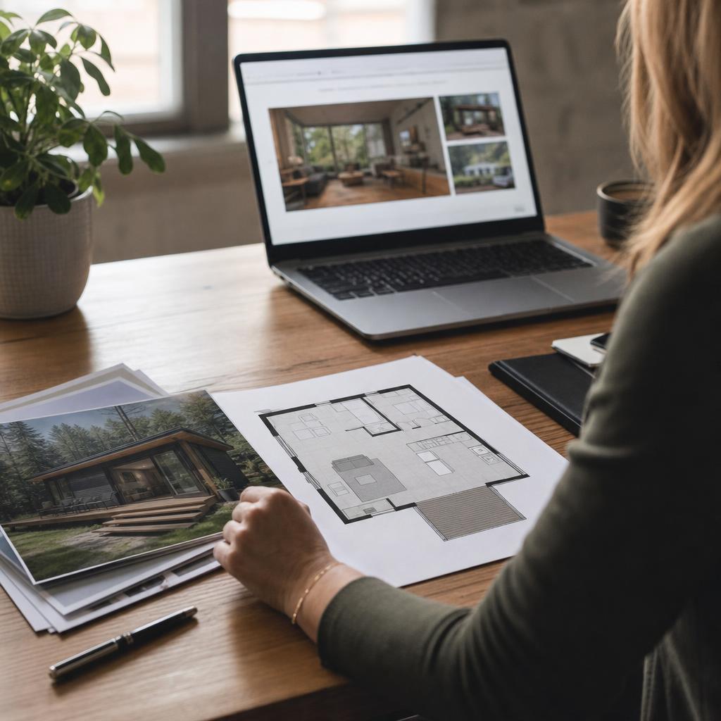 Floor plan and lodge photos on an office desk