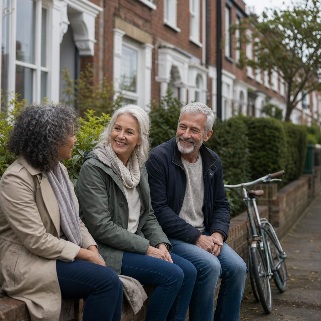 Residents chatting beside brick homes and hedges