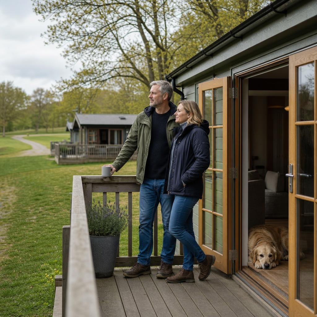 Couple on lodge deck in quiet green park