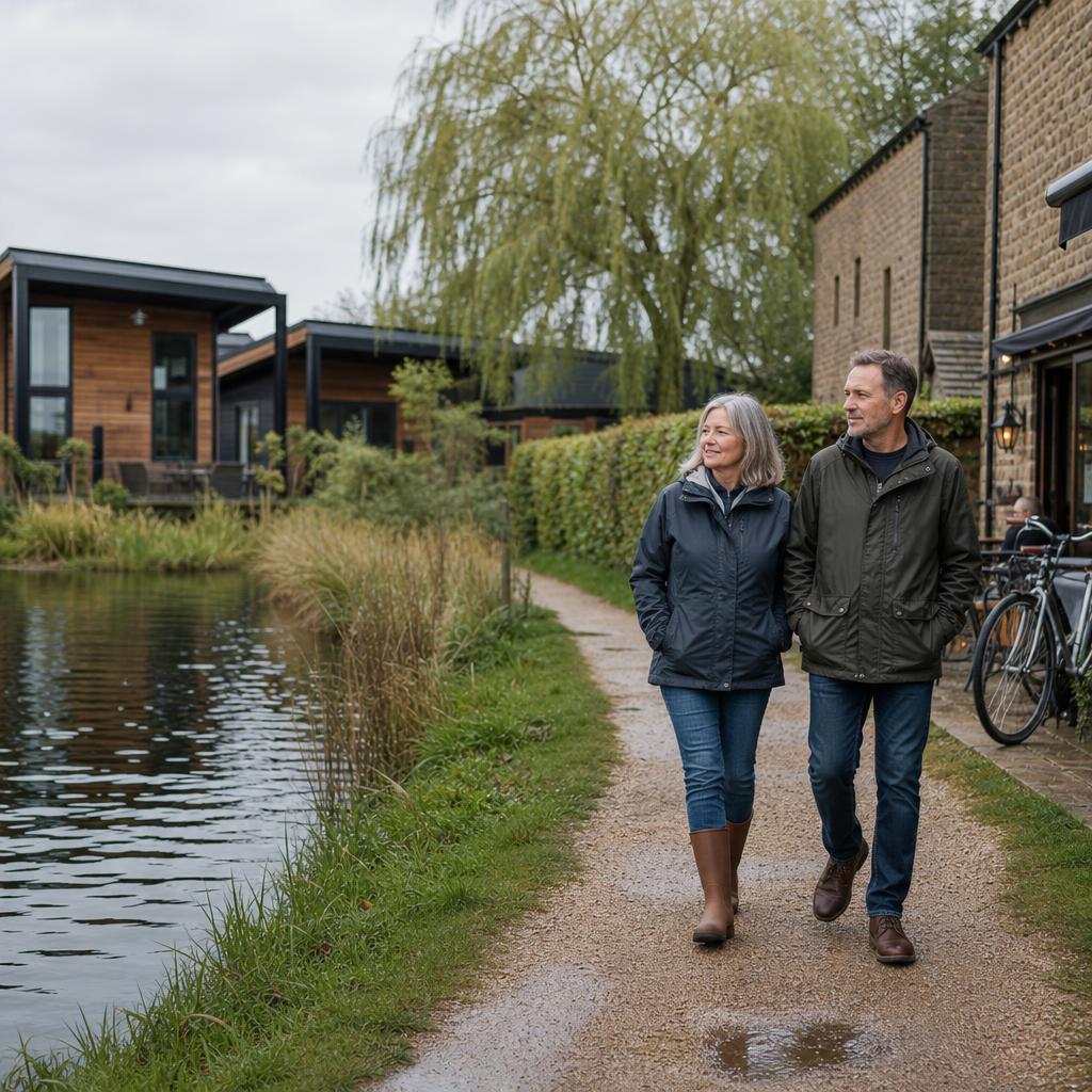 Couple walking by river near Cambridgeshire lodges
