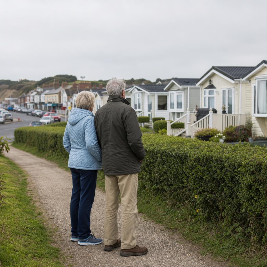 Couple viewing park homes near the Kent coast