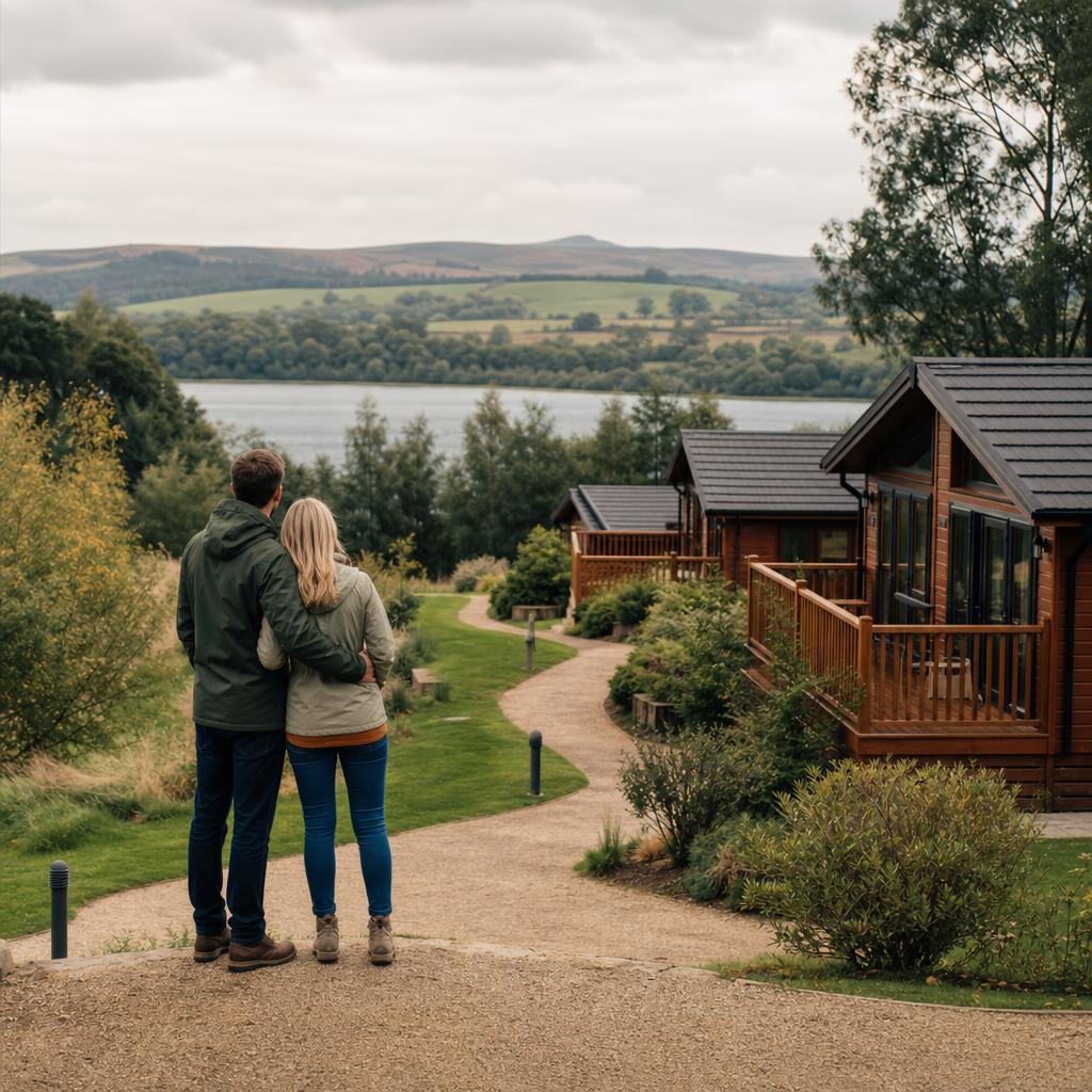 Couple viewing luxury lodges in countryside park location.